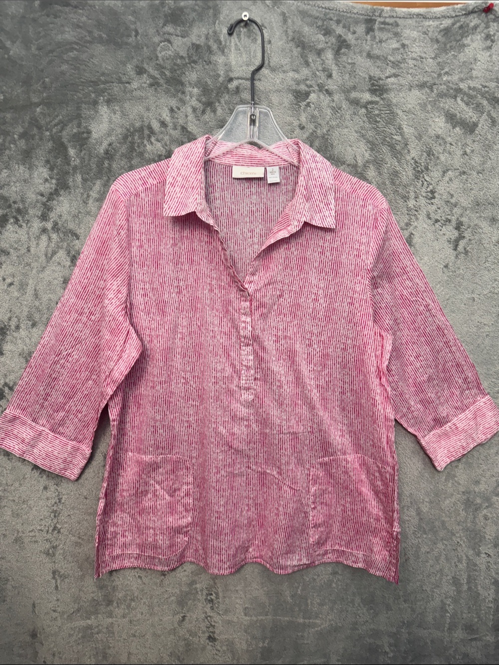 Chico's Pink Red Striped sz Lg Shirt blouse lightweight 3/4 sleeve